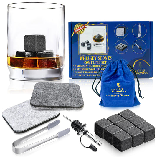 Premium Whiskey Stones 100% Natural Granite Set Of 9 Chilling Rocks Stone Reusable Ice Cubes For Drinks With Velvet Carrying Pouch, Grey, By AA Wonders