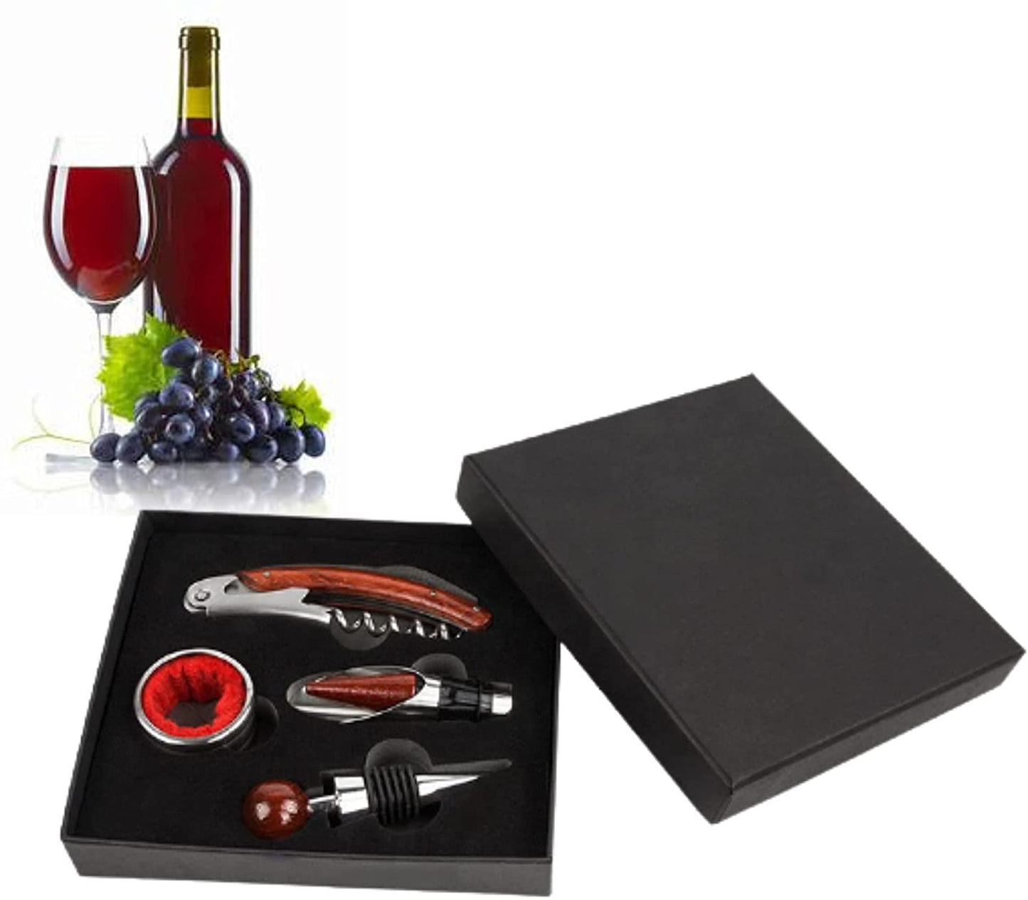 Wine Accessories Set Of 4 Pcs Bottle Opener, Stainless Steel Corkscrew, Stopper, Pourer, Wine bottle ring - HomeWondersUSA