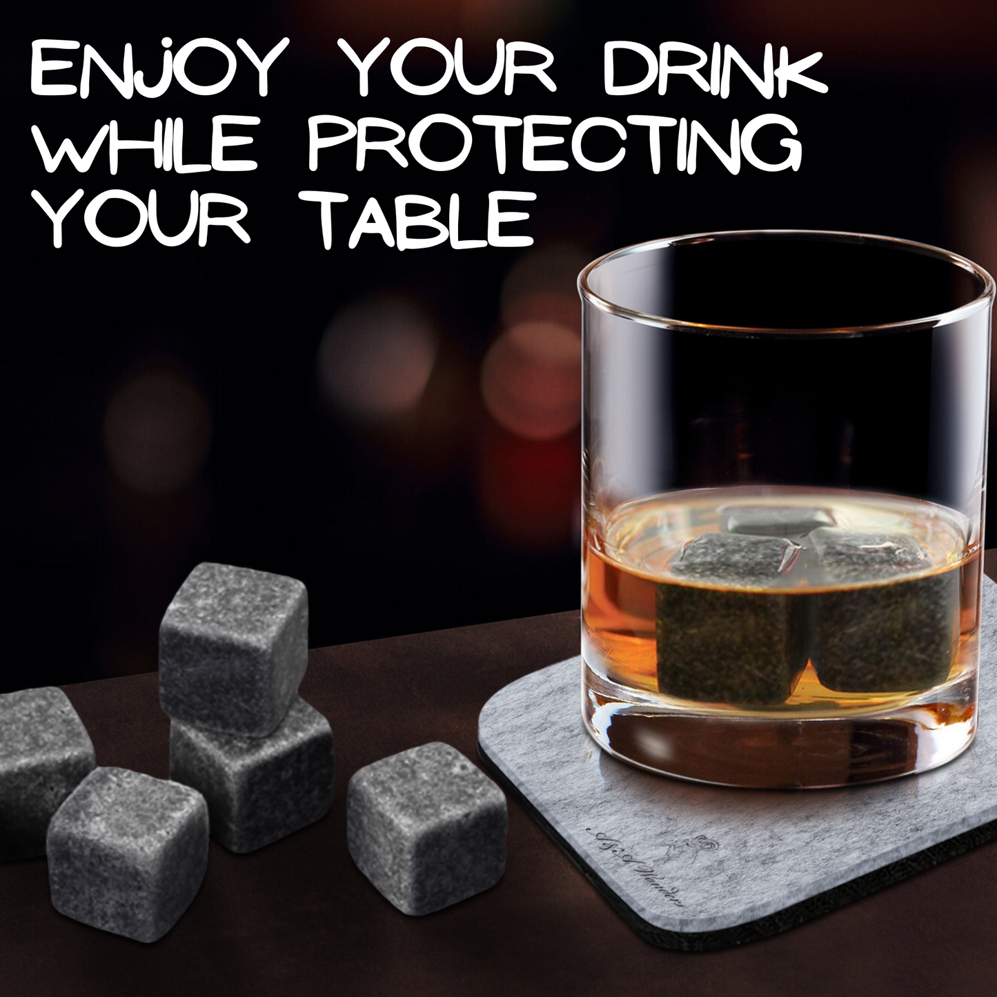 Premium Whiskey Stones 100% Natural Granite Set Of 9 Chilling Rocks Stone Reusable Ice Cubes For Drinks With Velvet Carrying Pouch, Grey, By AA Wonders