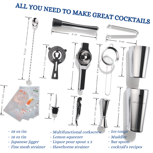 Complete Cocktail Shaker Set - 13-Piece Bartender Kit with Weighted Boston Shaker - Professional Bar Mixology Set - Stainless Steel Barware Set - HomeWondersUSA