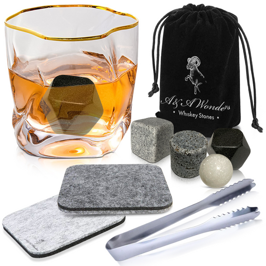 Premium Whiskey Stones Set Of 4 Geometrical shapes Chilling Rocks Stone Reusable Ice Cubes For Drinks With Velvet Carrying Pouch, By AA Wonders - HomeWondersUSA
