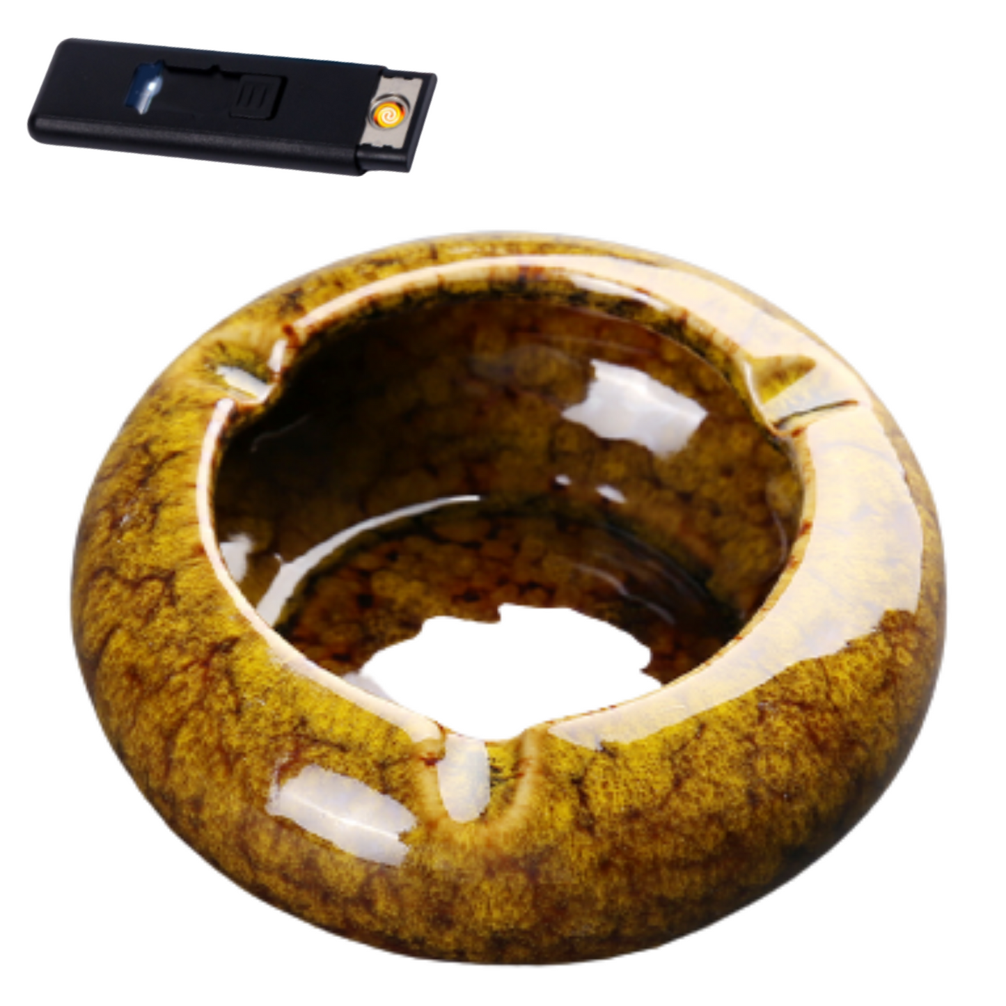 Round Glossy Ceramic Ashtrays + Flameless Lighter (BROWNISH) - HomeWondersUSA