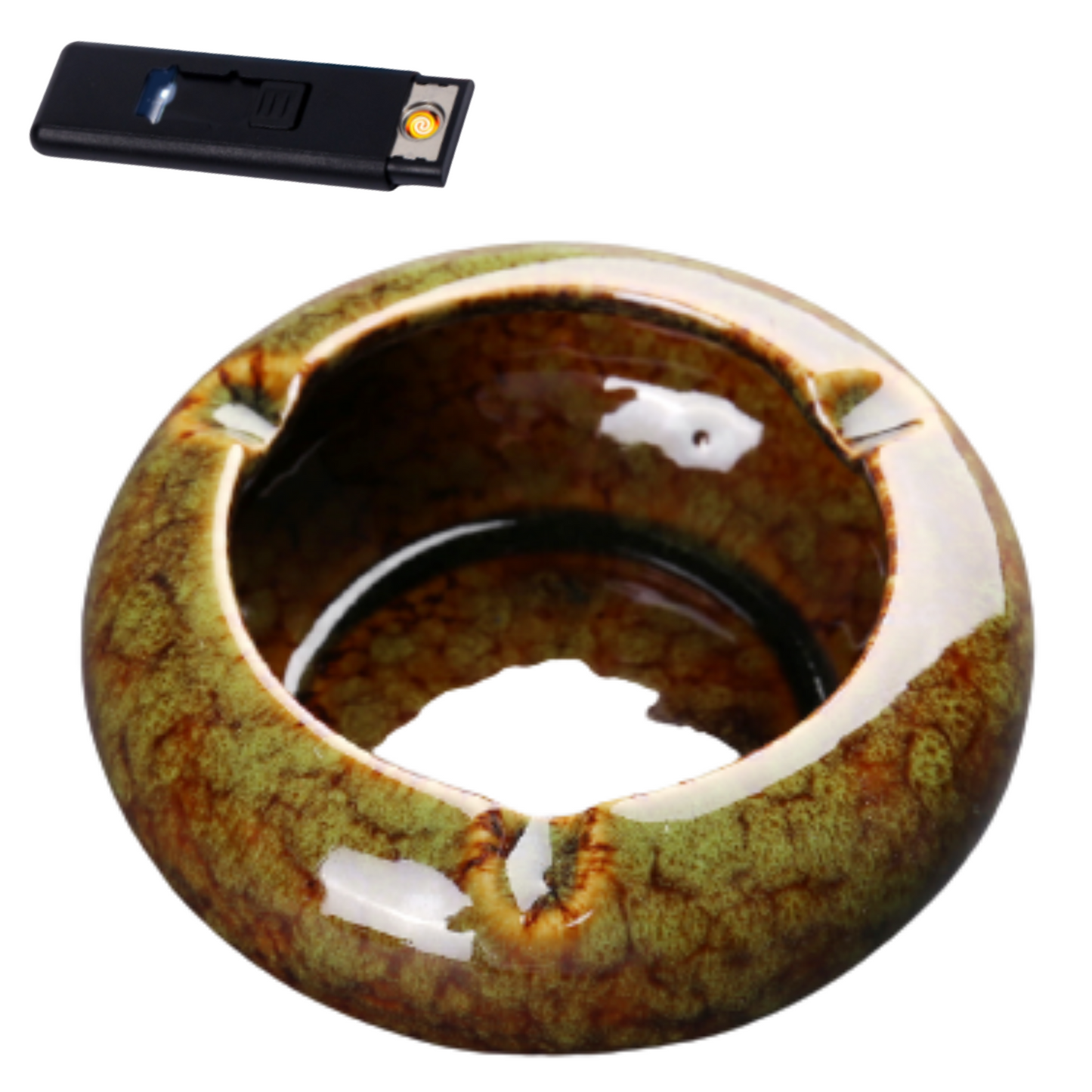 Round Glossy Ceramic Ashtrays + Flameless Lighter (GREENISH) - HomeWondersUSA