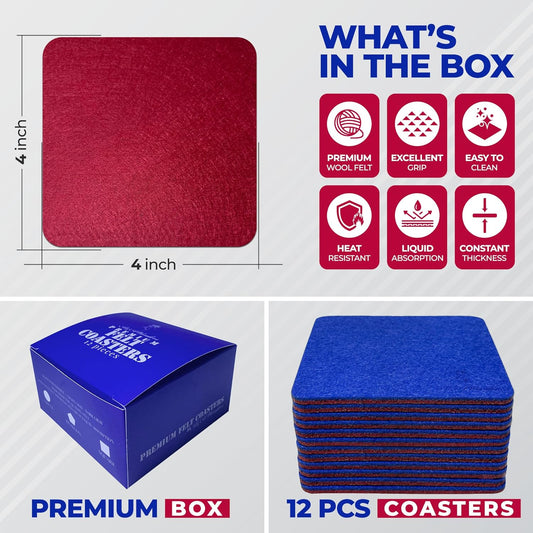 Premium Felt Coasters for Drink, by AA Wonders (Wine Red/Royal Blue) - A&A Wonders