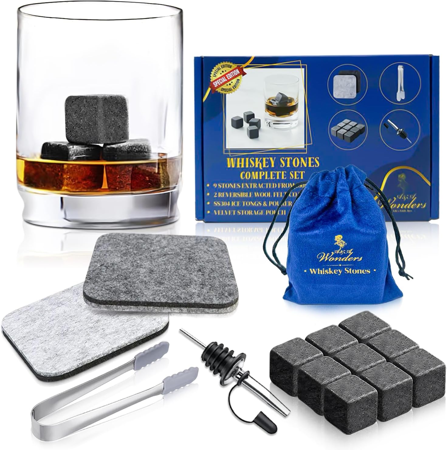 Premium Whiskey Stones 100% Natural Granite Set Of 9 Chilling Rocks Stone