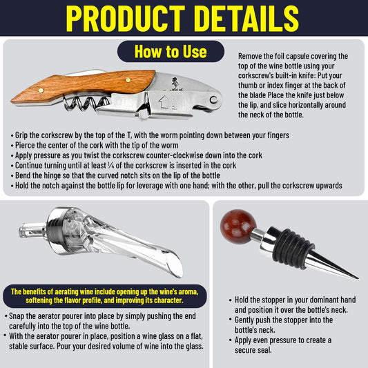 Ultimate Wine Accessories Set Featuring 3 in - 1 Multifunctional Waiters Corkscrew - A&A Wonders