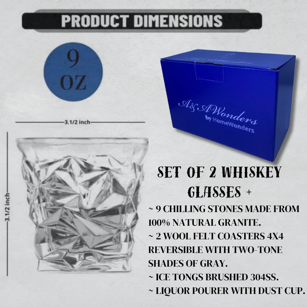 Whiskey Glasses 9oz Premium Scotch Glasses Set of 2 - Old Fashioned Whiskey - A&A Wonders
