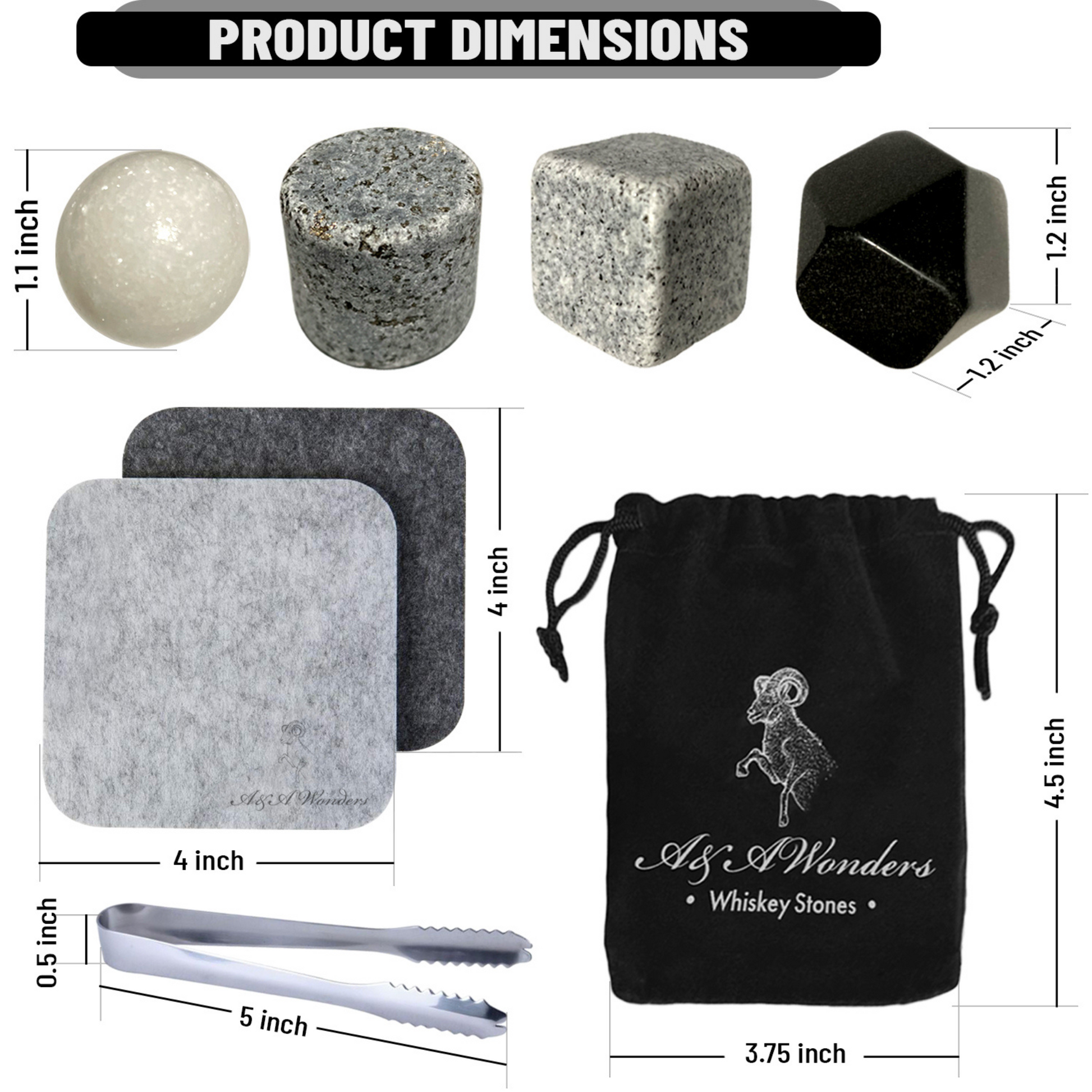 Premium Whiskey Stones Set Of 4 Geometrical shapes Chilling Rocks Stone Reusable Ice Cubes For Drinks With Velvet Carrying Pouch, By AA Wonders - HomeWondersUSA
