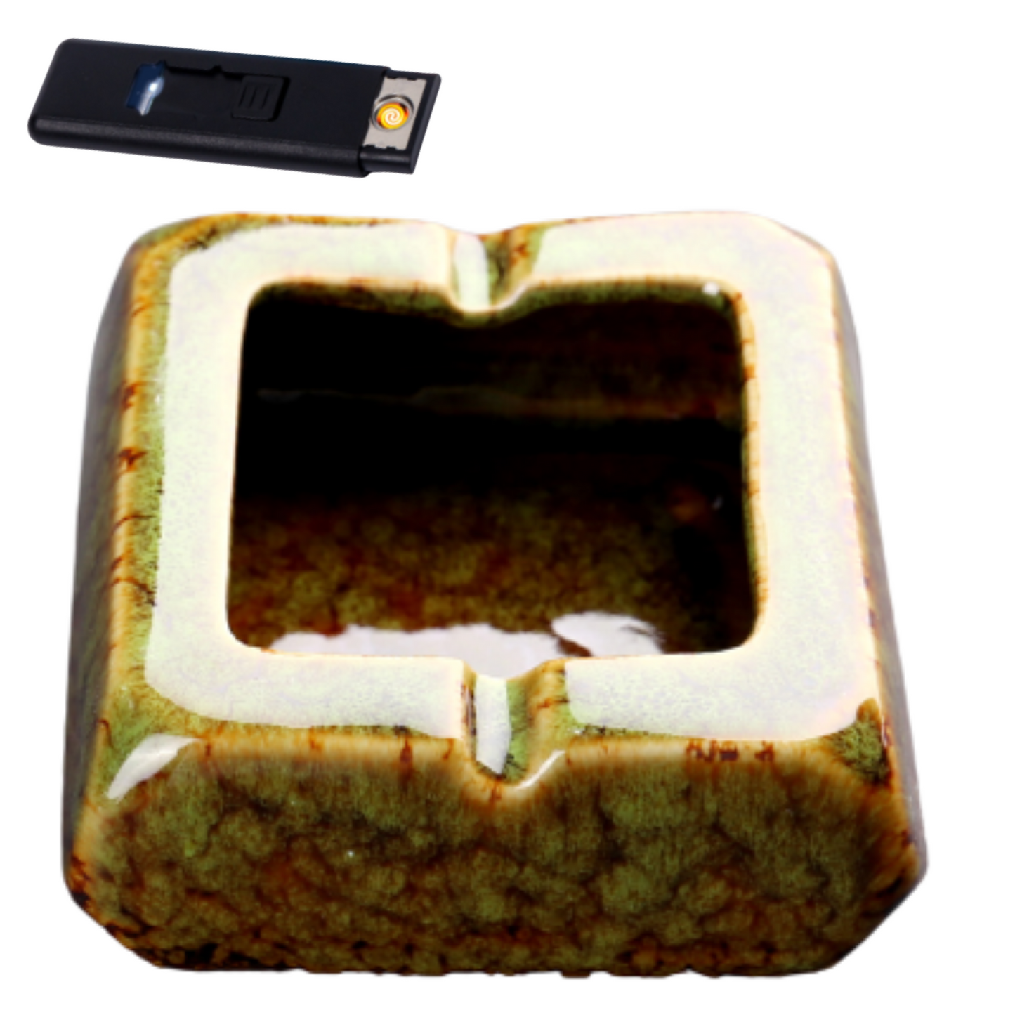 Square Glossy Ceramic Ashtray + Flameless Lighter (GREENISH) - HomeWondersUSA