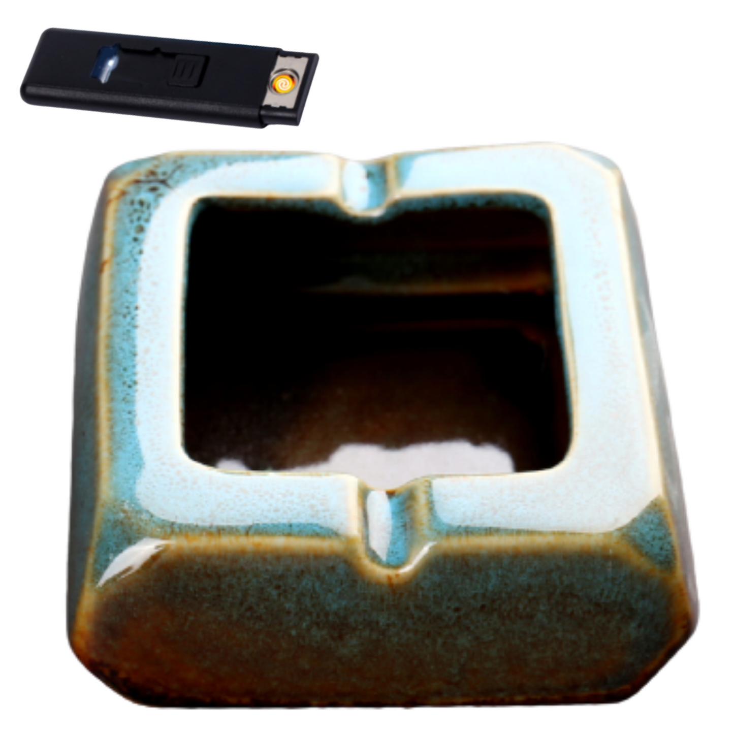 Square Glossy Ceramic Ashtray + Flameless Lighter (BLUISH) - HomeWondersUSA