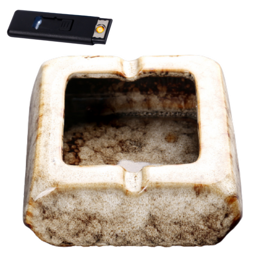 Square Glossy Ceramic Ashtray + Flameless Lighter (WHITISH) - HomeWondersUSA