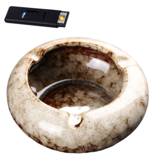 Round Glossy Ceramic Ashtrays + Flameless Lighter (WHITISH) - HomeWondersUSA