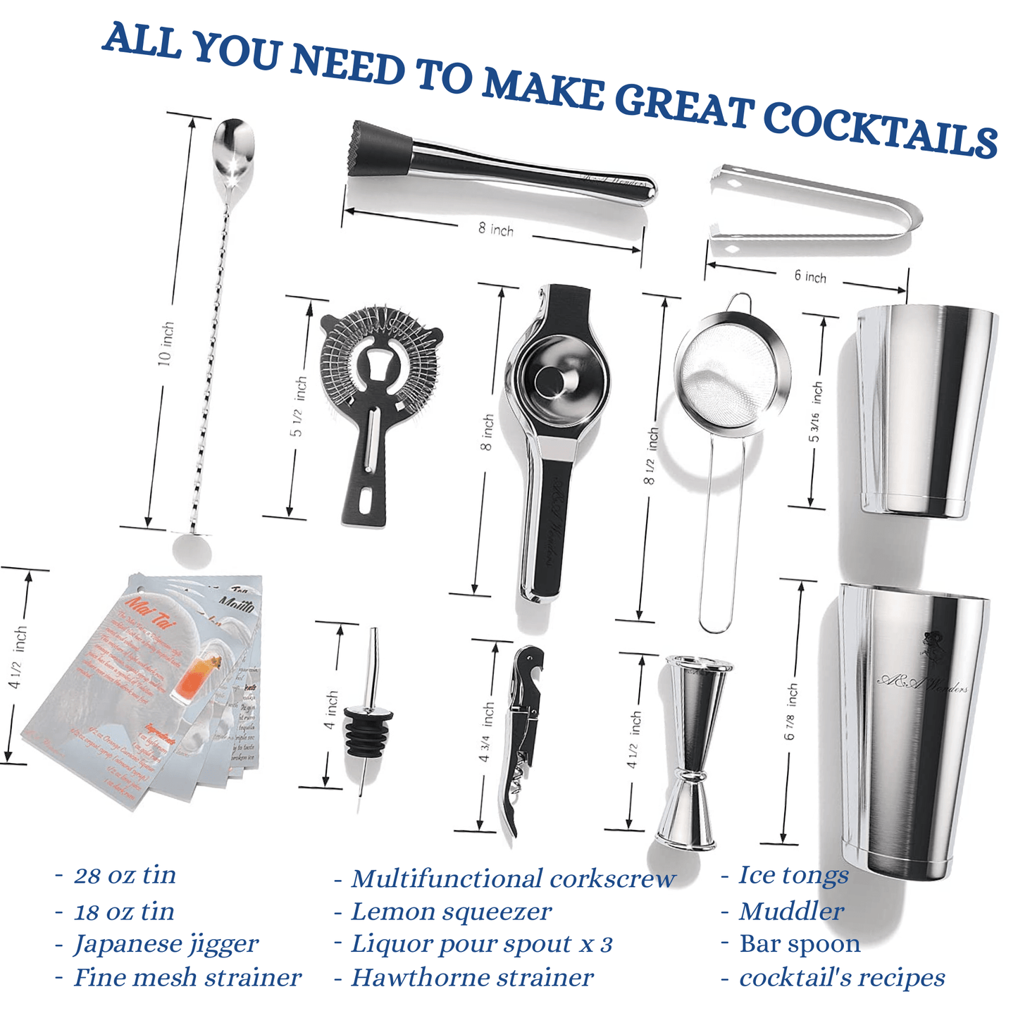A&A Wonders Complete Cocktail Shaker Set - 13 - Piece Bartender Kit - A&A Wonders