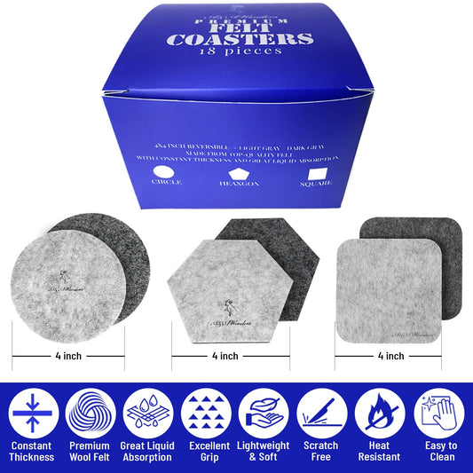 Premium Felt Coasters for Drink Set of 18 Pcs - (square/circle/hexagon) - A&A Wonders