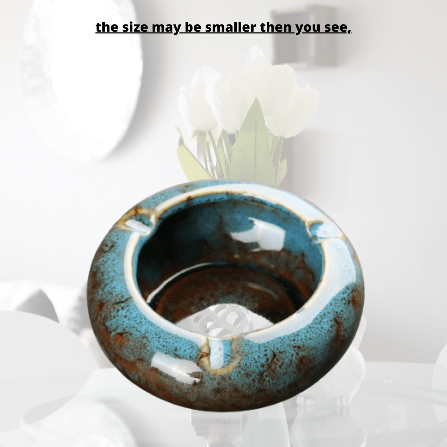 Round Glossy Ceramic Ashtrays + Flameless Lighter (BLUISH) - A&A Wonders