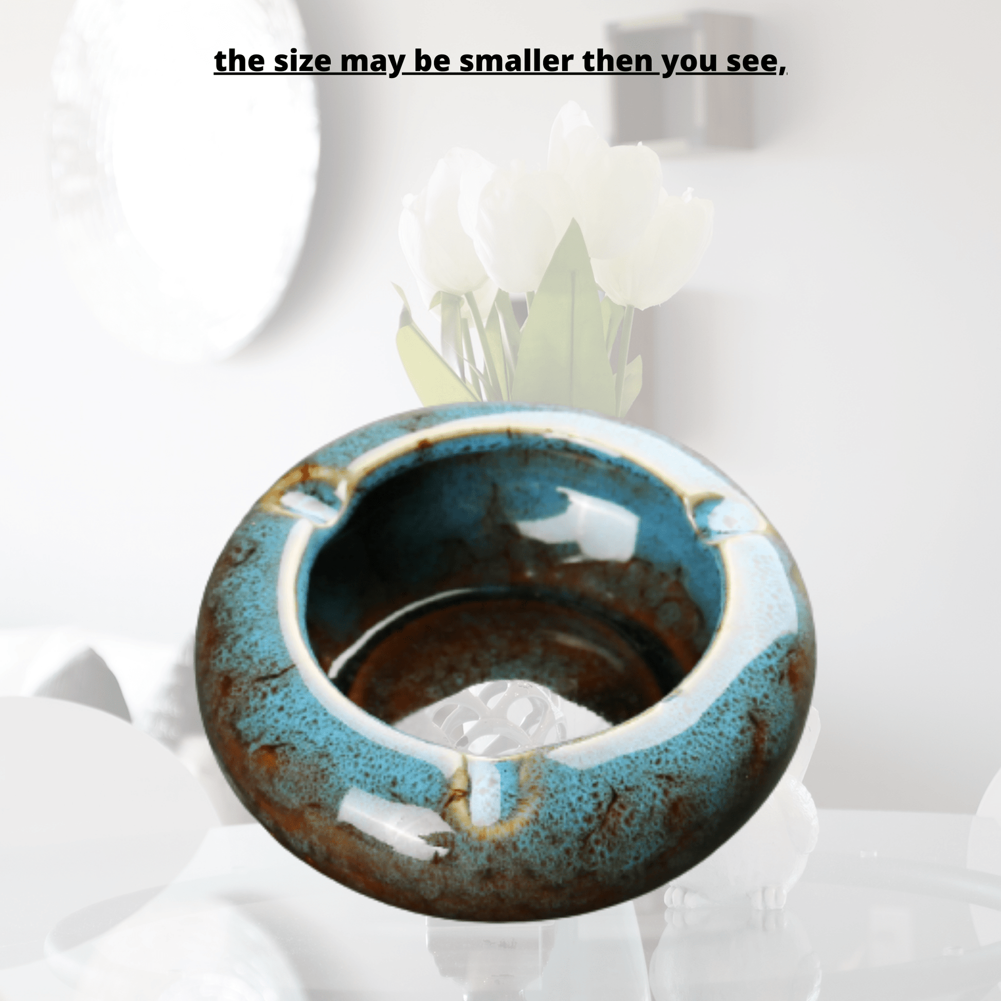 Round Glossy Ceramic Ashtrays + Flameless Lighter (BLUISH) - A&A Wonders