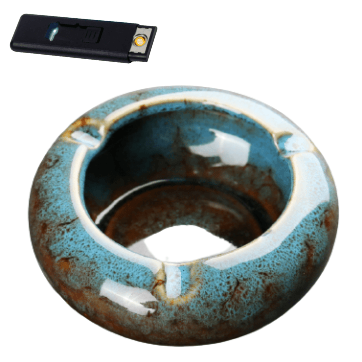 Round Glossy Ceramic Ashtrays + Flameless Lighter (BLUISH) - A&A Wonders