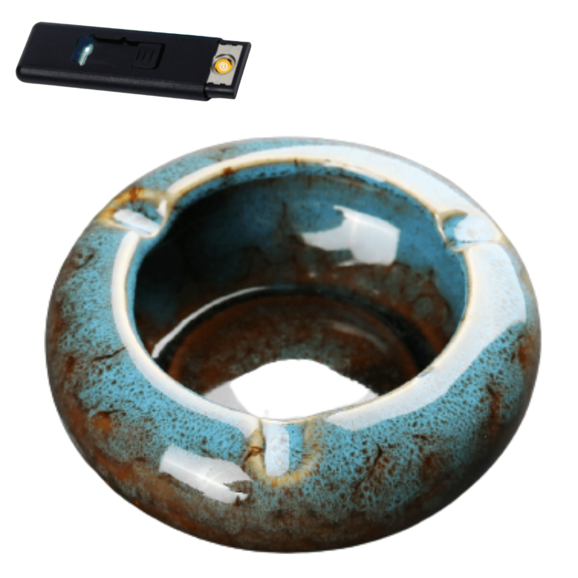 Round Glossy Ceramic Ashtrays + Flameless Lighter (BLUISH) - A&A Wonders