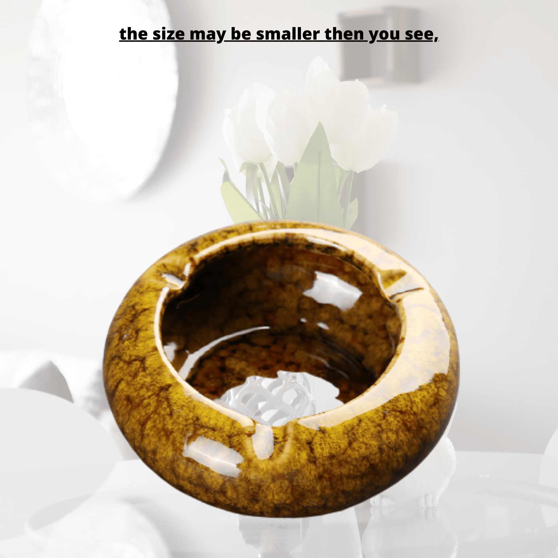 Round Glossy Ceramic Ashtrays + Flameless Lighter (BROWNISH) - A&A Wonders