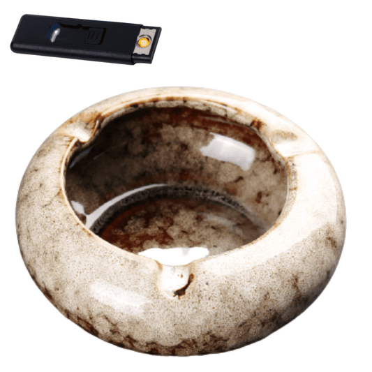 Round Glossy Ceramic Ashtrays + Flameless Lighter (WHITISH) - A&A Wonders