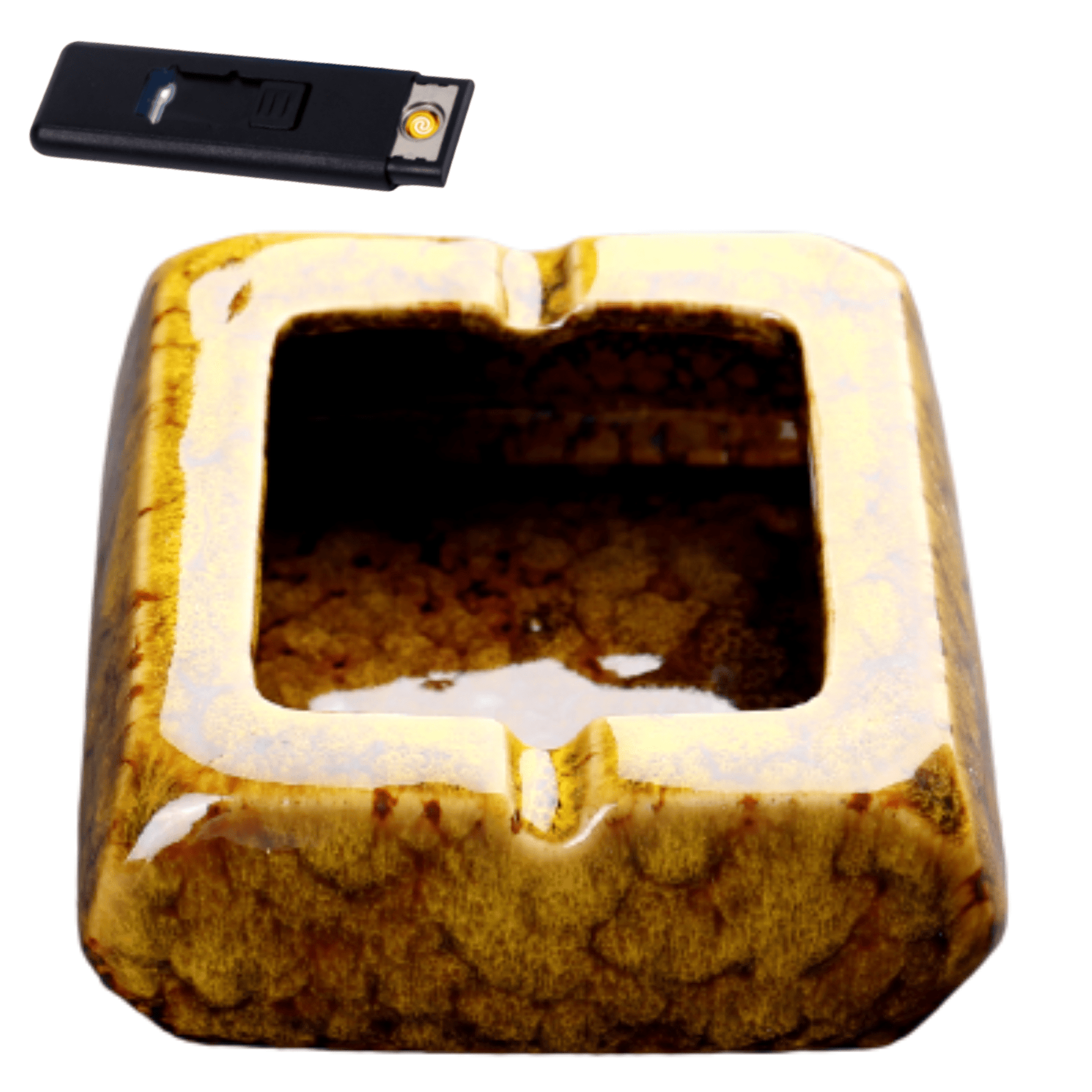 Square Glossy Ceramic Ashtray + Flameless Lighter (BROWNISH) - A&A Wonders