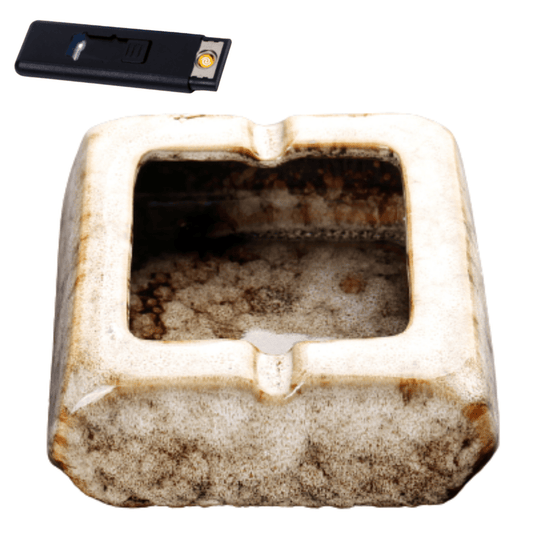 Square Glossy Ceramic Ashtray + Flameless Lighter (WHITISH) - A&A Wonders