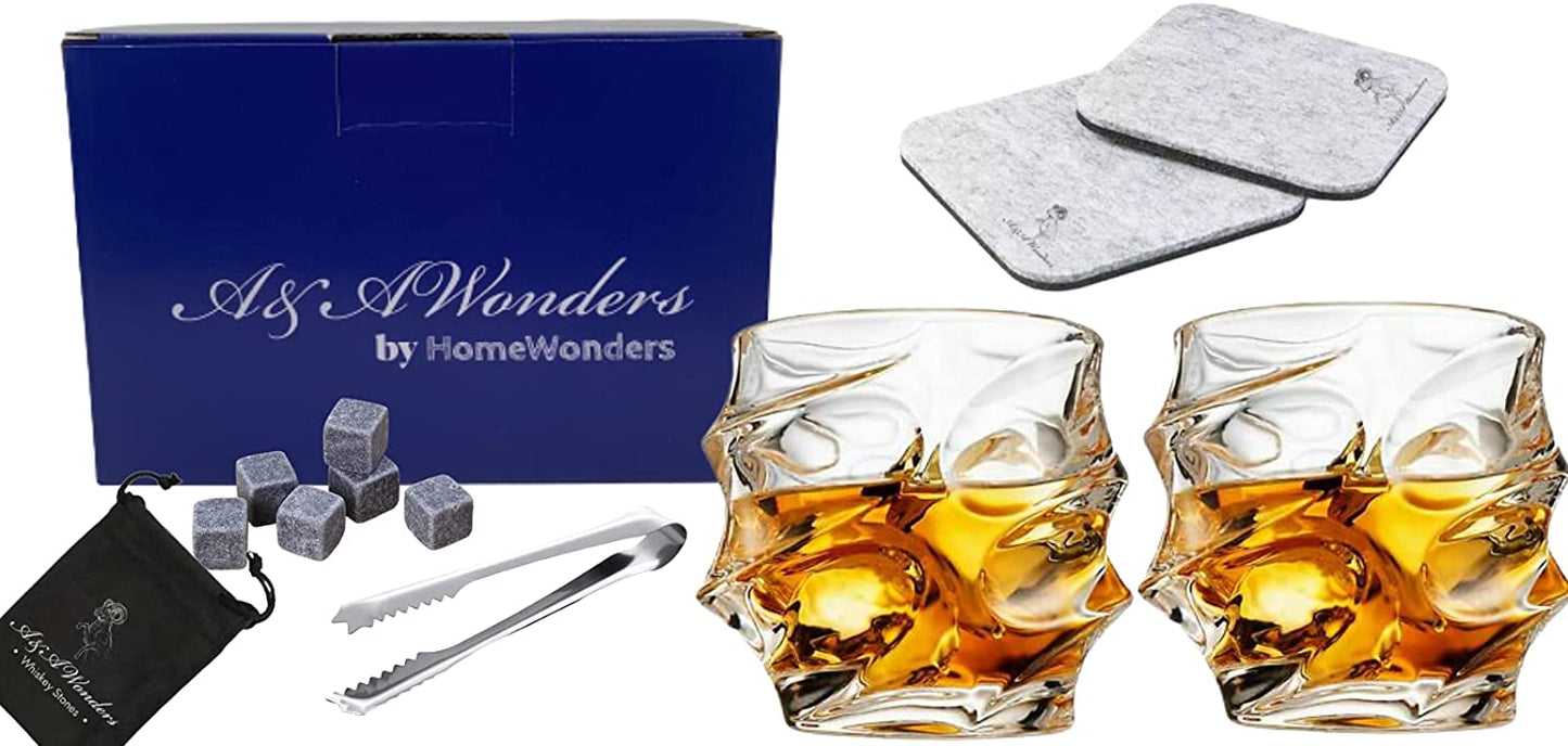 Whiskey Glasses Set Of 2 - With 9 Whiskey Stones - A&A Wonders